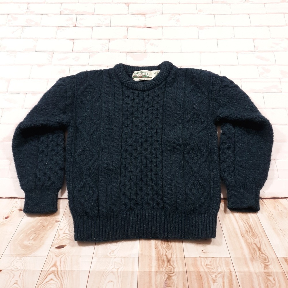 Aran Crafts Ireland 100% Wool Sweater Jumper Crew Neck Womens Small Teal Knit